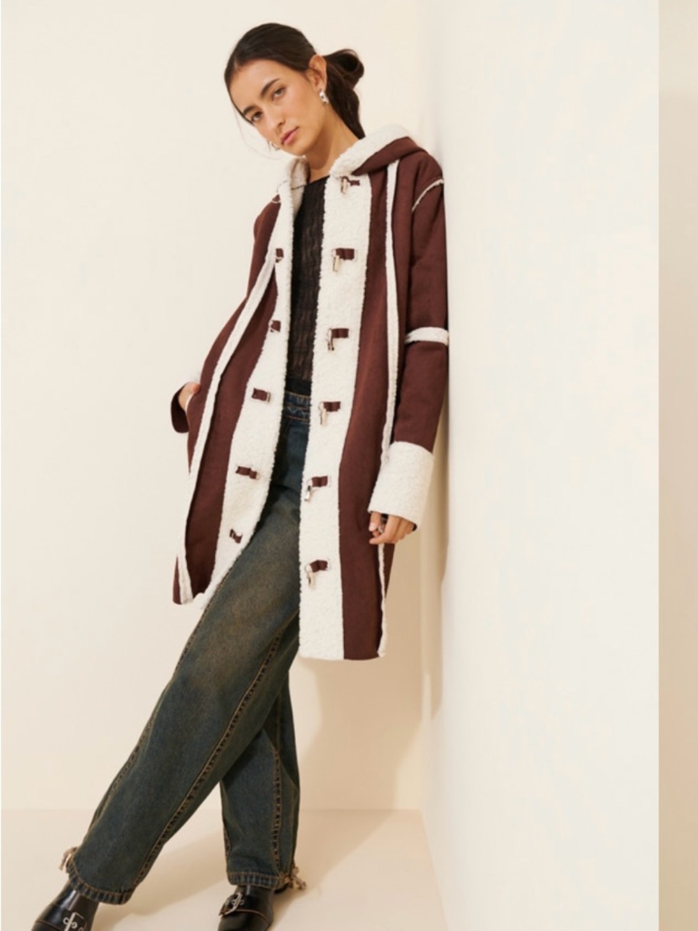 Anthro Daisy Street Womens Brown Sherpa-Trim Toggle Coat